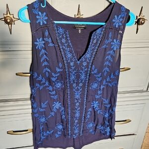 Lucky Brand Women's Dark Blue Floral Embroidered Blouse